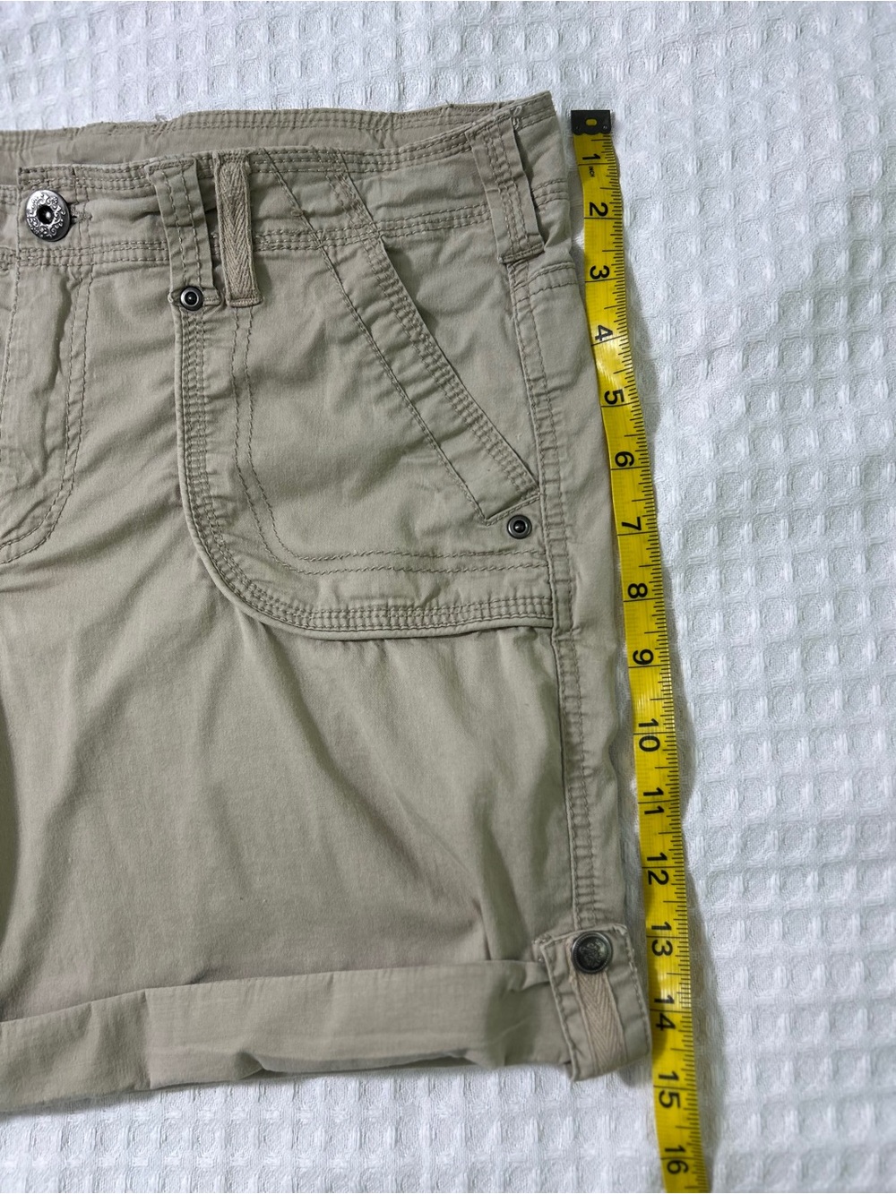 Roll-Cuff Cotton Jean Shorts in Khaki - Women's - Picture 6 of 13